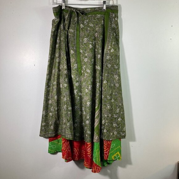 Womens Kariza Vintage Silk Magic Sari Wrap Skirt Dress Green Red Pattern One Siz - Picture 3 of 10